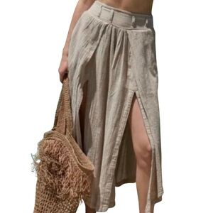 Free People Boho Lunar Cove Cotton Wide Leg Flowy Pants - L - Tan / Beige, White